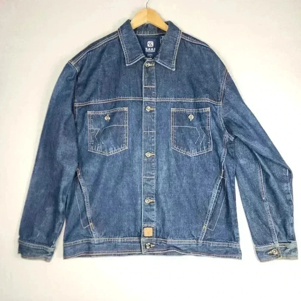 Karl Kani Men's Denim Jean Jacket Large Trucker Button Front Retro HipHop Urban